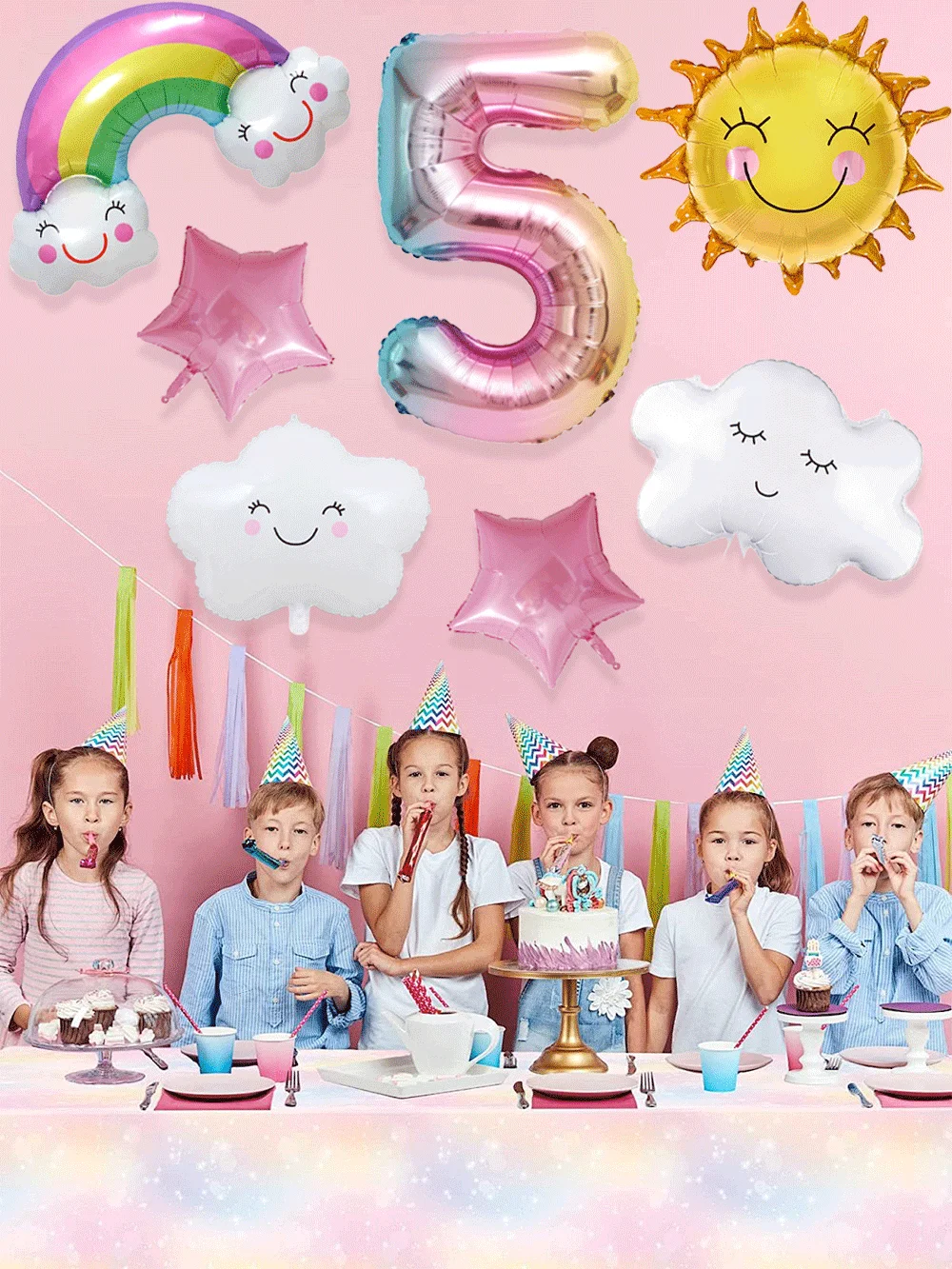 Sunshine Regenbogen-Geburtstagsballons-Set mit Sonnensterne, Wolken und 32 Zoll Zahlen, 1–9 Folienballon, Mädchen-Regenbogen-Partydekorationen – Detail 1