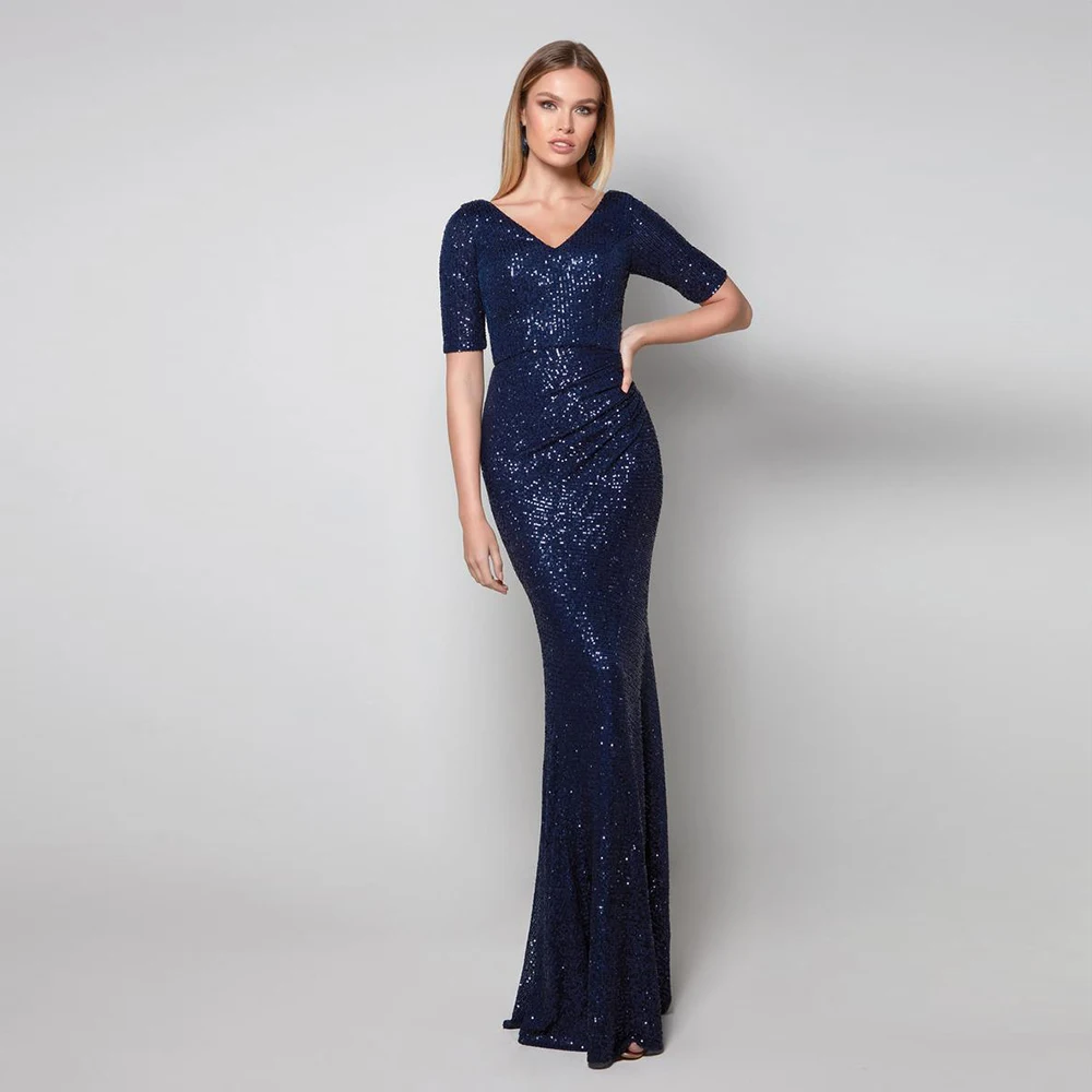 

Mermaid Prom Gown Glitter V-Neck Short Sleeve Sequin Long Formal Evening Dresses Simple Floor-Length Navy Blue Women Party Dress