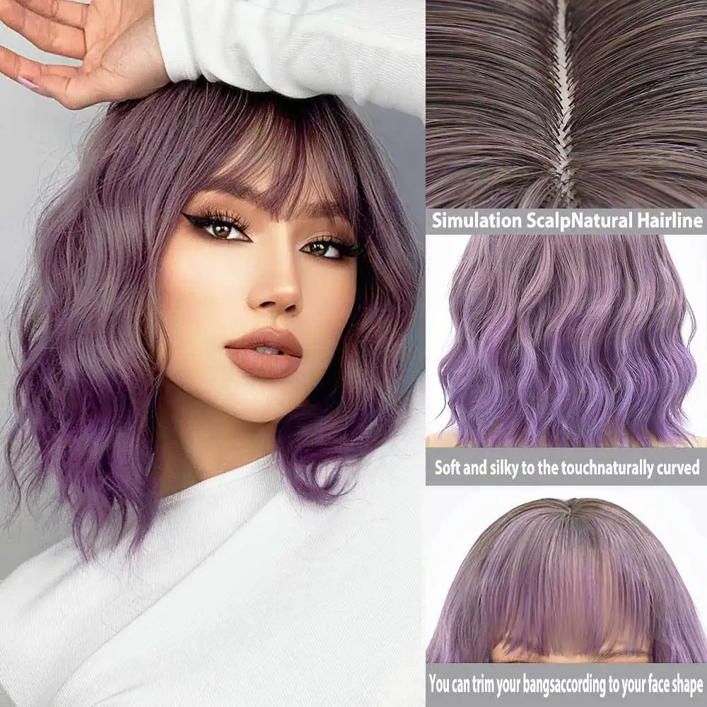 

cuteplus purple gradient short curly hair wig with fringe, chemical fiber wig, daily party cosplay