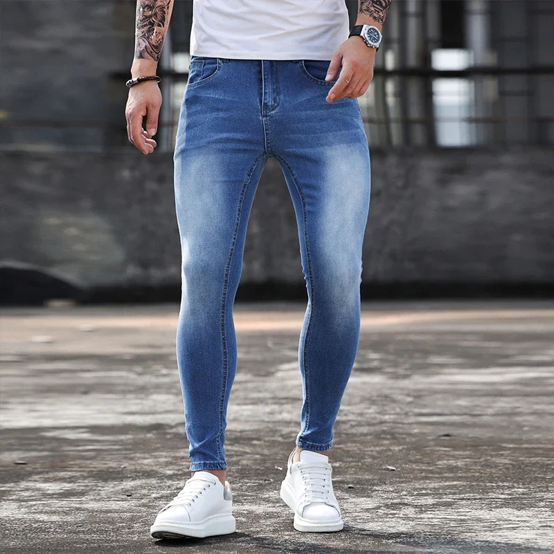 

Jeans for Men Skinny Washed Solid Colour Stretch Pencil Pants Fashion Streetwear Slim Fit Denim Jeans Jogging Trousers Blue
