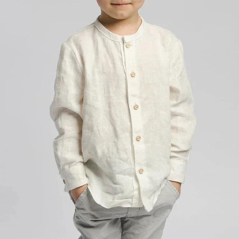 Boy's Short Sleeved Navy Blue Organic Linen Slim Fit Shirt with Shell Buttons
