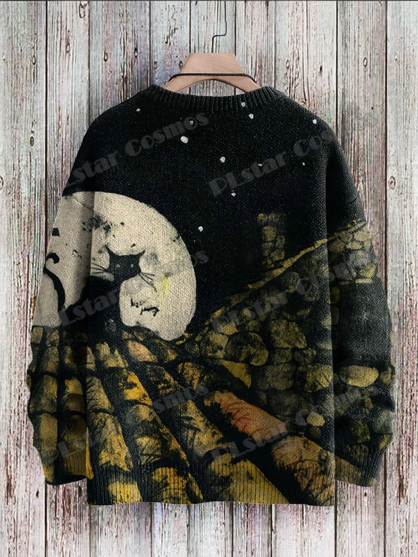 Halloween-Geist mit Katze & Vintage Katzen muster 3d gedruckt Herren gestrickt Pullover Winter Unisex lässig gestrickt Pullover Pullover zzm62 – Detail 10