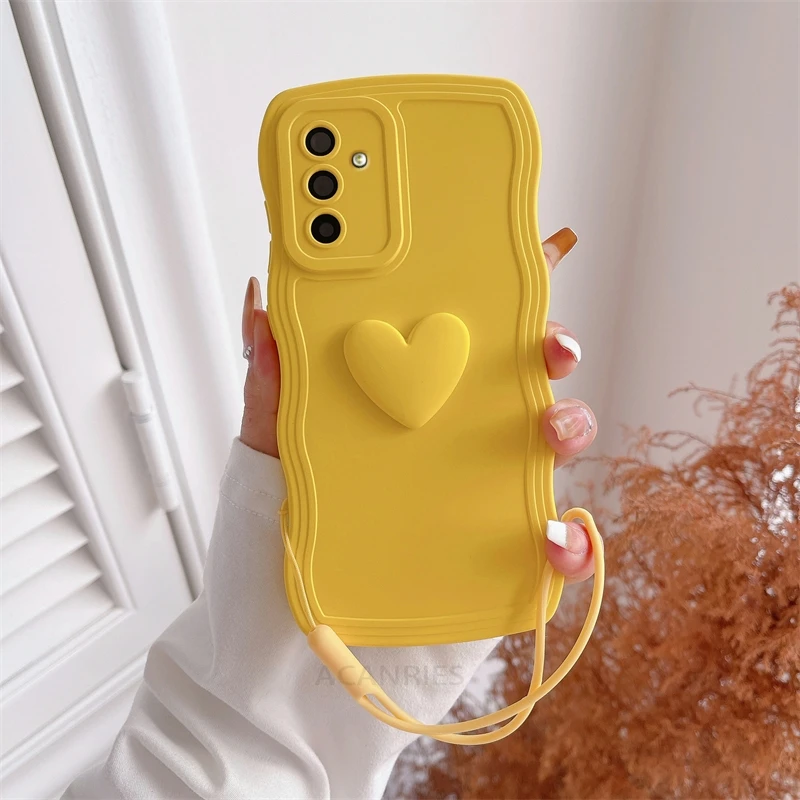 Love Heart Wavy Silicone Phone Case with Lanyard Wrist Strap Cover