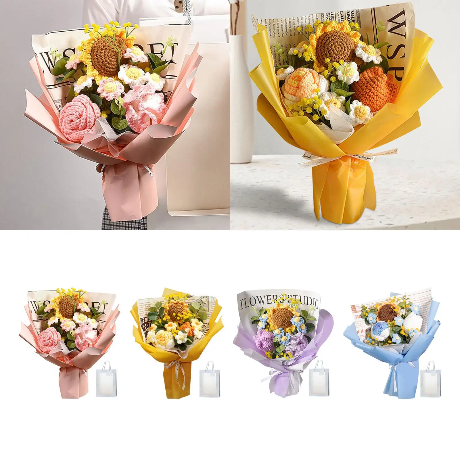 Crochet Flowers Gift Bouquet Knitting Flower 35x27cm Handmade Table Decoration for Home Decor Multifunctional Finished Product