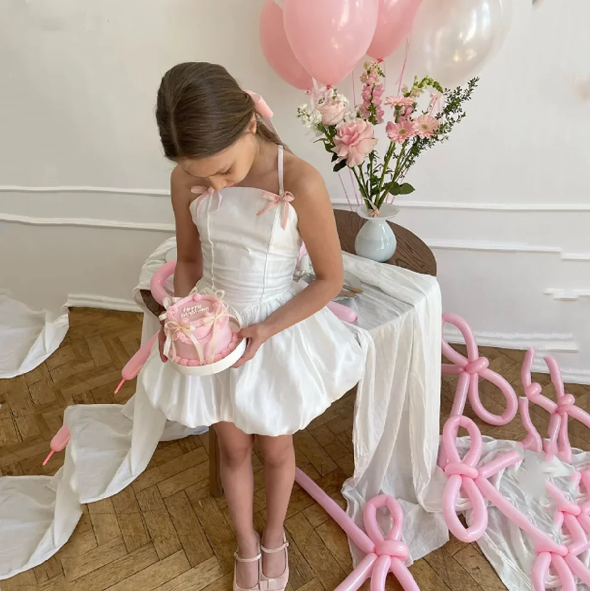 White Satin Mini Girl Flower A Line Ball Gown Baby Celebrity - Main Image