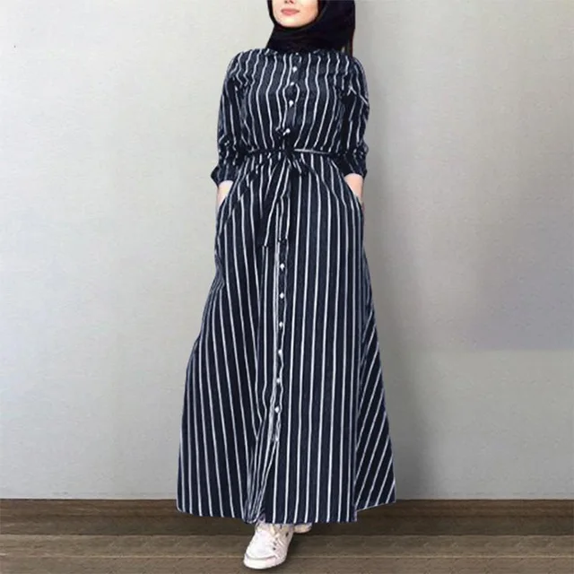 Abaya-Robe longue à rayures pour femmes musulmanes, kimono, caftan, vêtements islamiques, chemise à boutons, maxi, robe éducative, africaine