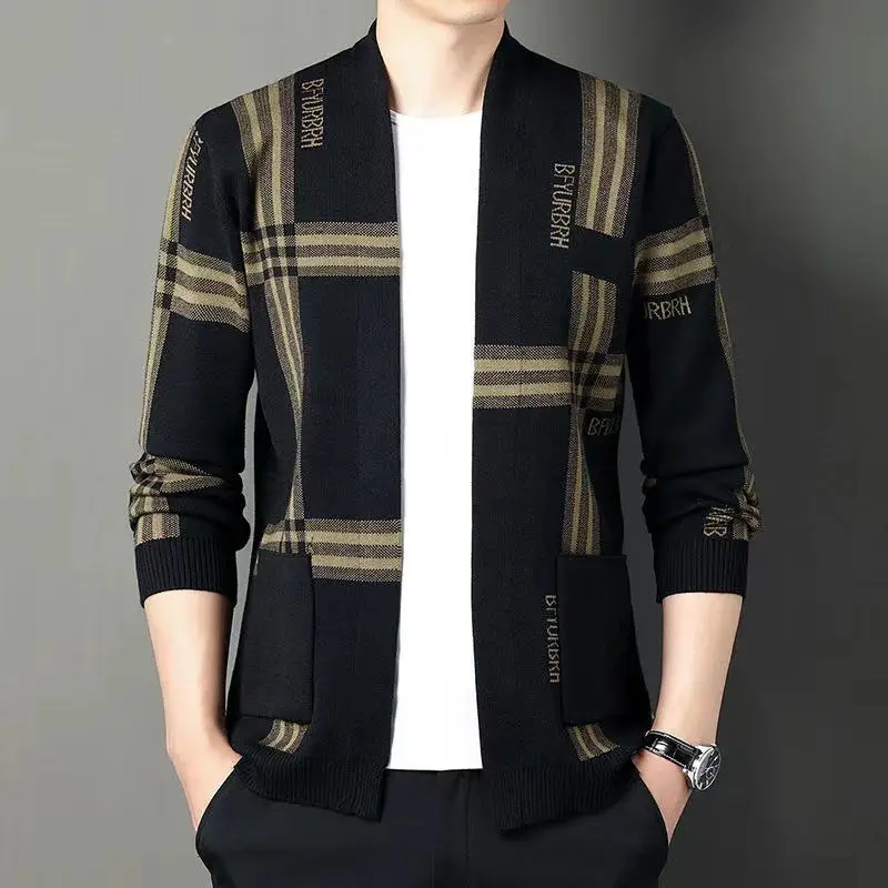 Men's Trend Knitting Cardigan Spring Autumn New Long Sleeve Striped Patchwork Loose Jacket Tops Vintage Fashion Men Clothing