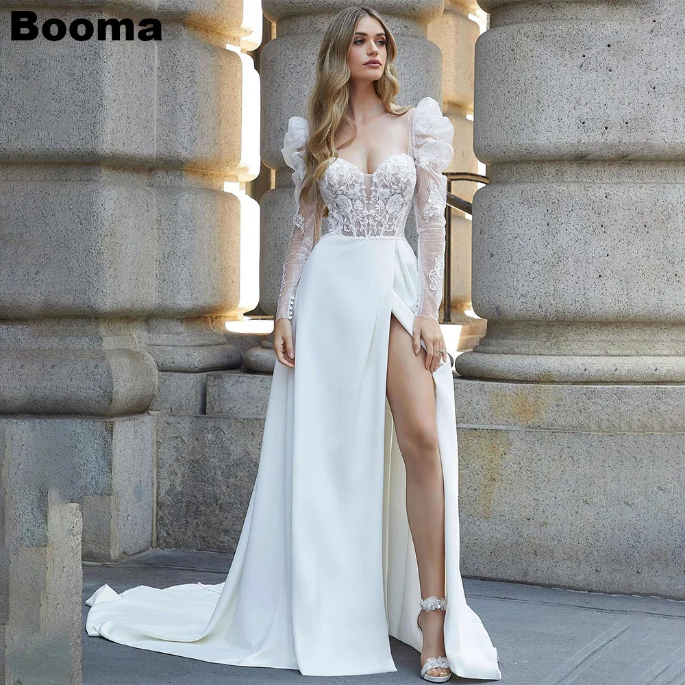 

Booma A Line Wedding Dresses Sweetheart Long Puff Sleeves Sweep Train Bridals Gowns Leg Slit Bride Dresses for Women vestido