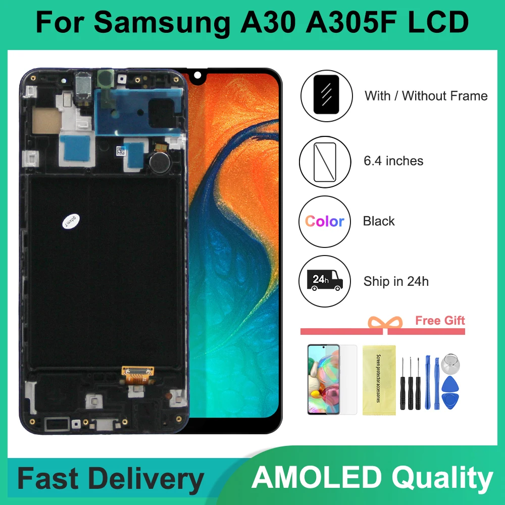 Per Schermo Amoled A30 Con Cornice, Per Samsung A30 A305 A305Fn/Ds A305F/Ds Display Lcd Sostituzione Touch Screen Digitale
