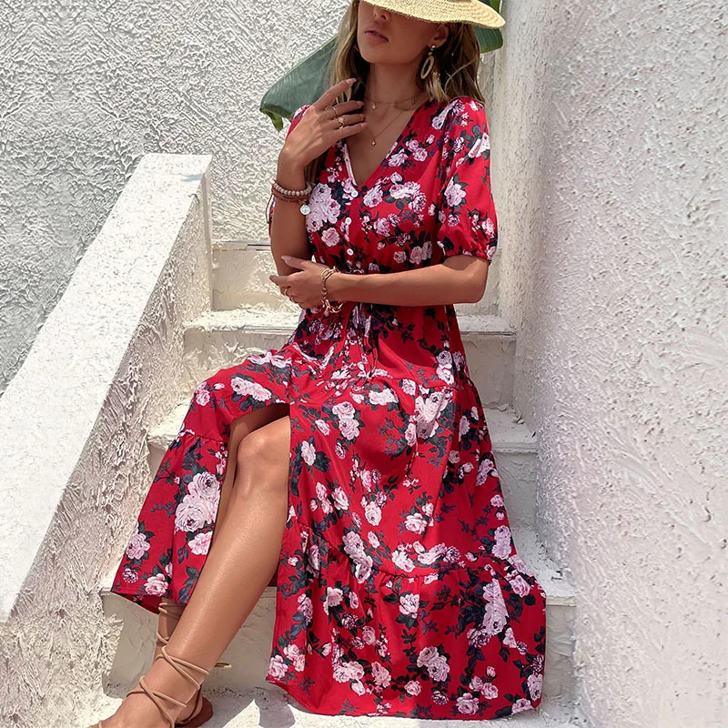 

Beach Summer Print V-Neck Short Sleeve Women Holiday Midi Dress Vestidos Mujer Primavera Verano 2023 Veatido De Fiesta Elegante
