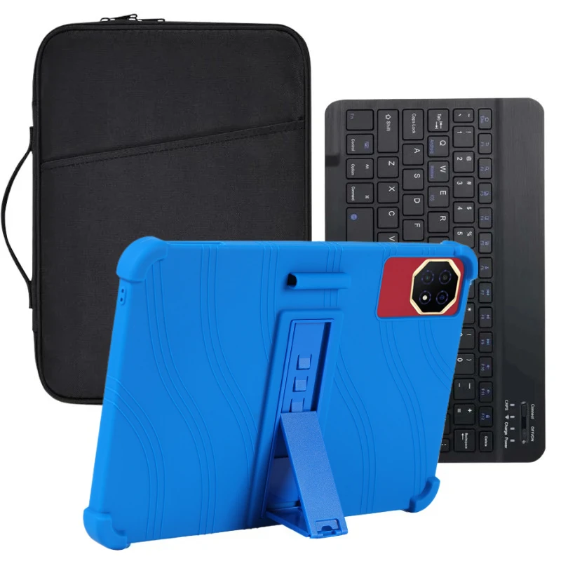 Versatile 3-in-1 Tablet Accessory Set: Soft Silicone Kickstand Cover, Bluetooth Keyboard, and Portable Storage Bag