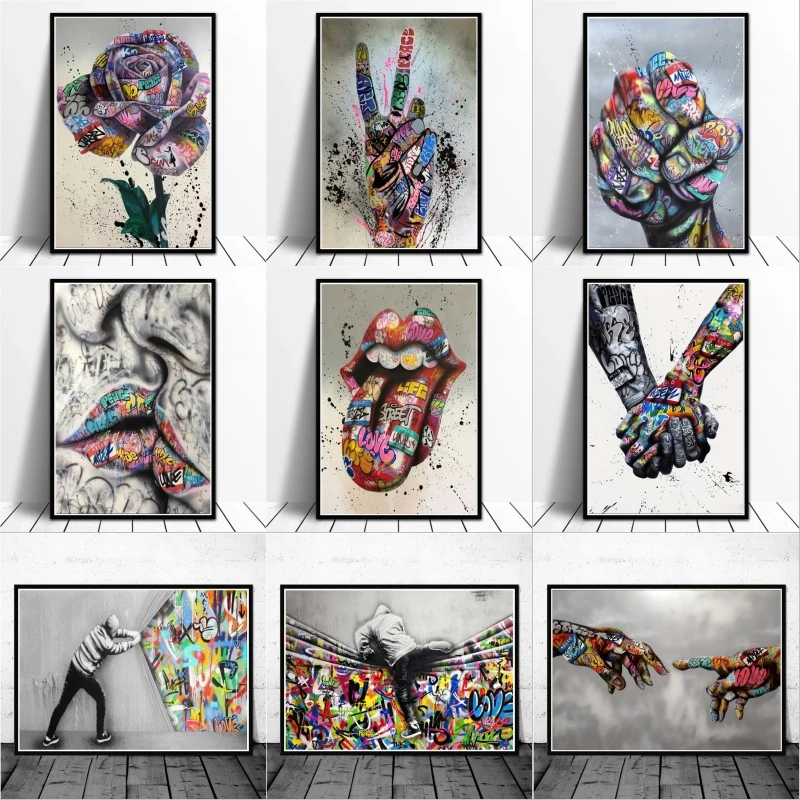 

Pop Street Artwork Abstract Hands Flower Lips Paintings Print on Canvas Modern Graffiti Art Pictures for Home Room Decor