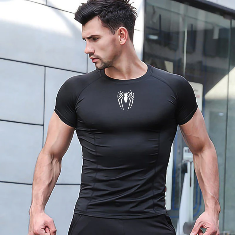

Новый дизайн, компрессионная рубашка с логотипом супергероя паука, мужская спортивная одежда для фитнеса, обтягивающие футболки для бега, тренажерного зала, тренировок, Быстросохнущий Топ