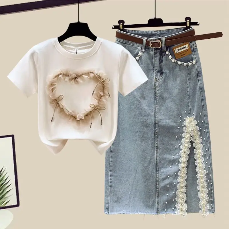 2024 Summer New Set Skirt Fashionable Short Sleeved Top Split Denim Skirt Slim and Elegant Women's Two Piece Set