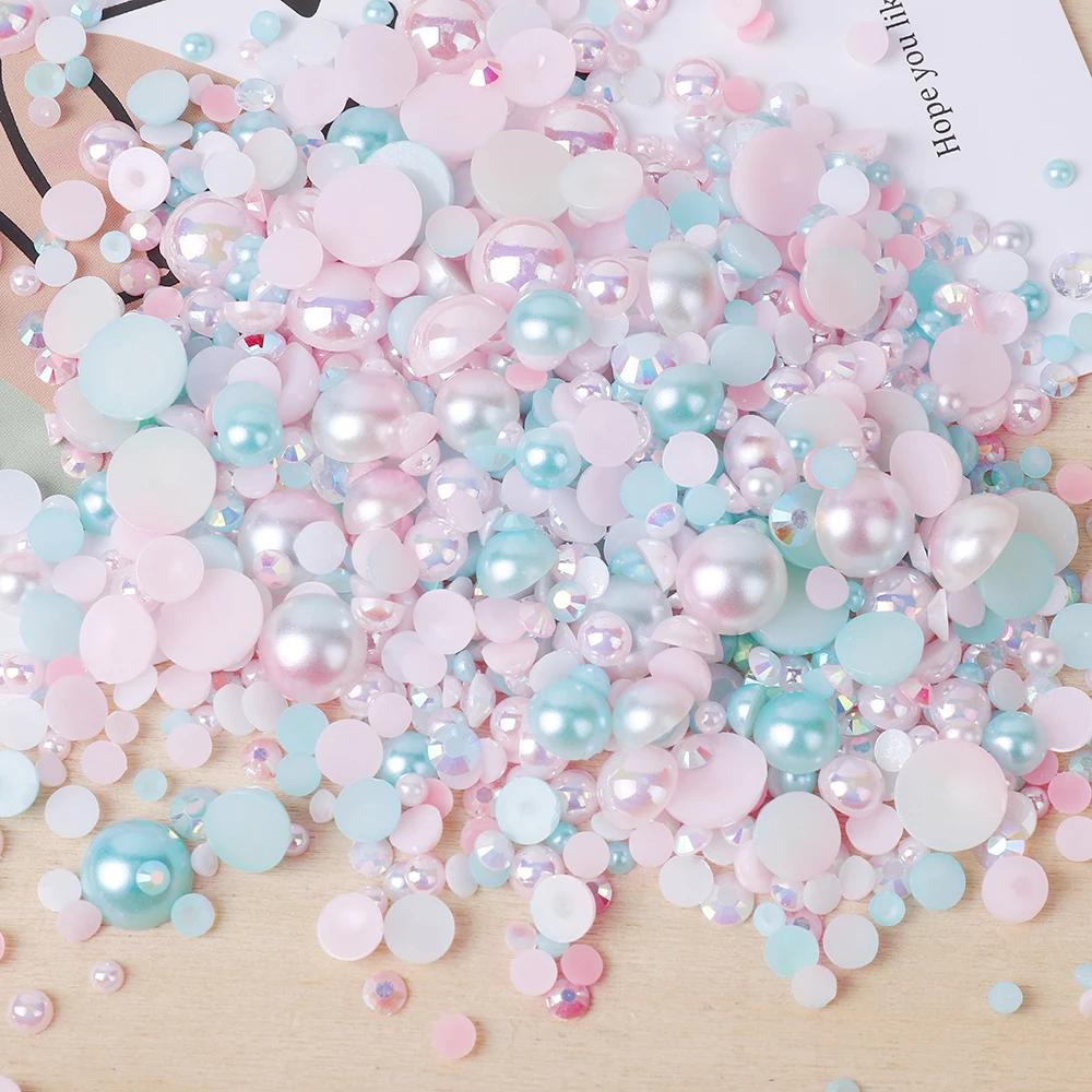 10/50garms 무작위 믹스 수지 라인 석 AB 진주 공예 네일 아트 DIY 장식을위한 하프 라운드 플랫 백 비즈