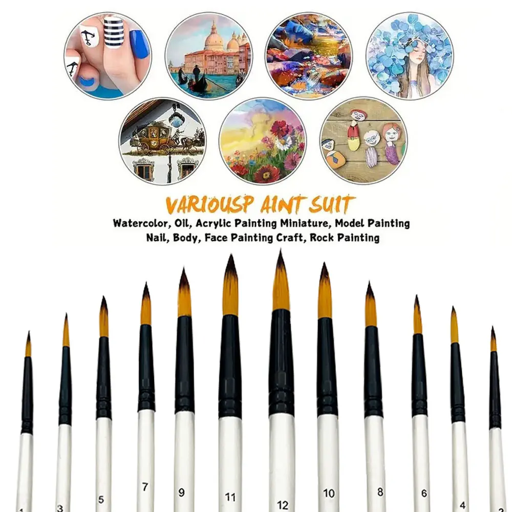 12Pcs Professional Quality Art Watercolor Brushes White Nylon Round Tip Set for Acrylic and Brushes for Face Body Nail Art 3