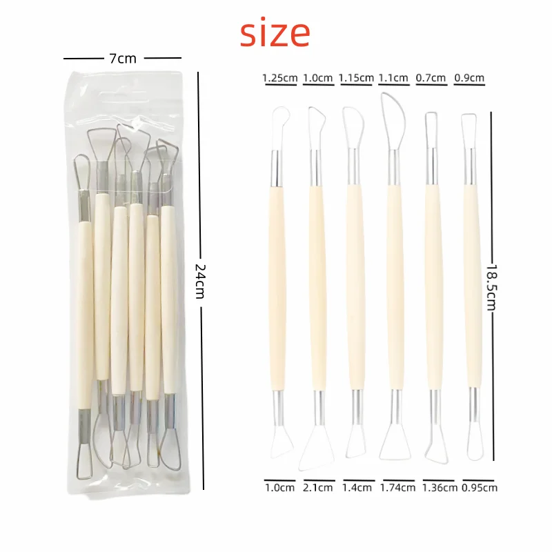 6 flat wire knife Stainless steel double-ended clay carving knife with steel wire wooden handle Clay clay repair tool scraper