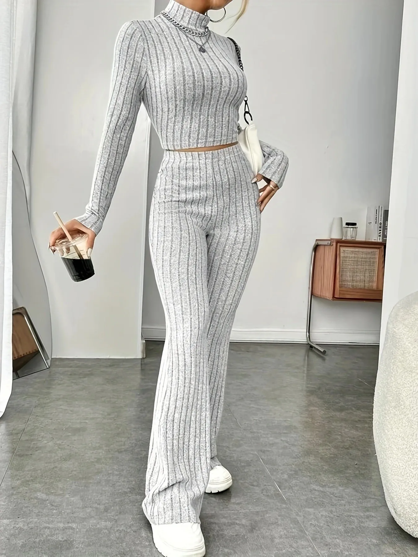 Autumn and Winter Women's New Home Clothes Two Piece Set Sports Long Sleeve Retro Slim fit Bellbottom Pants Set Y2K Sleepwear