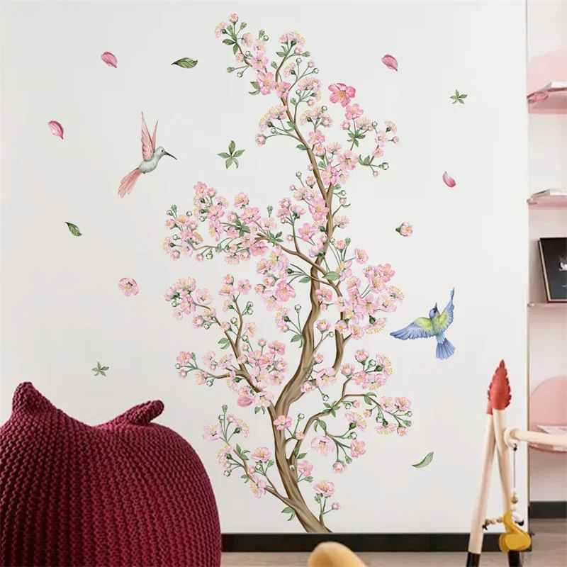 Cherry Blossom Wall Sticker Home Decor Living Room Spring Girls Bedroom Bird Flower Decal Pink Children's Room Wallpaper Muraux