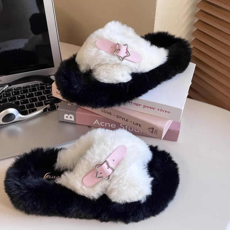 

Flat Plush Slippers Autumn and Winter Cotton Slippers For Women Cartoon Korean Fashionable Outdoor Light Plush Soft Slipper