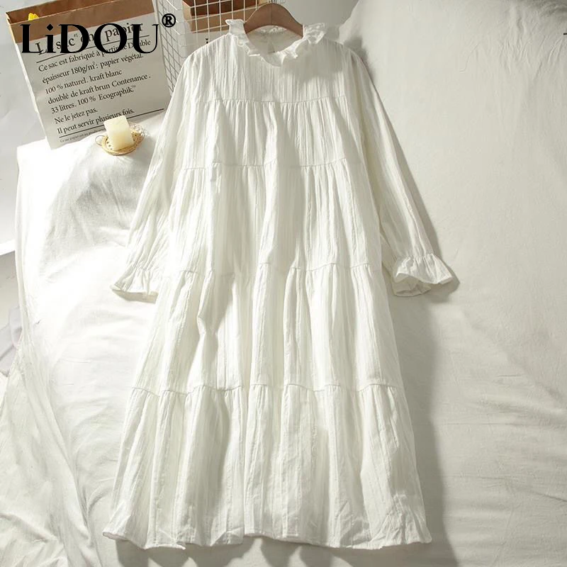 

Summer New Fashion Half High Collar Ruffles Pure Cotton Robe Female Short Sleeve Loose Casual White Vestidos Ladies Sweet Drsses