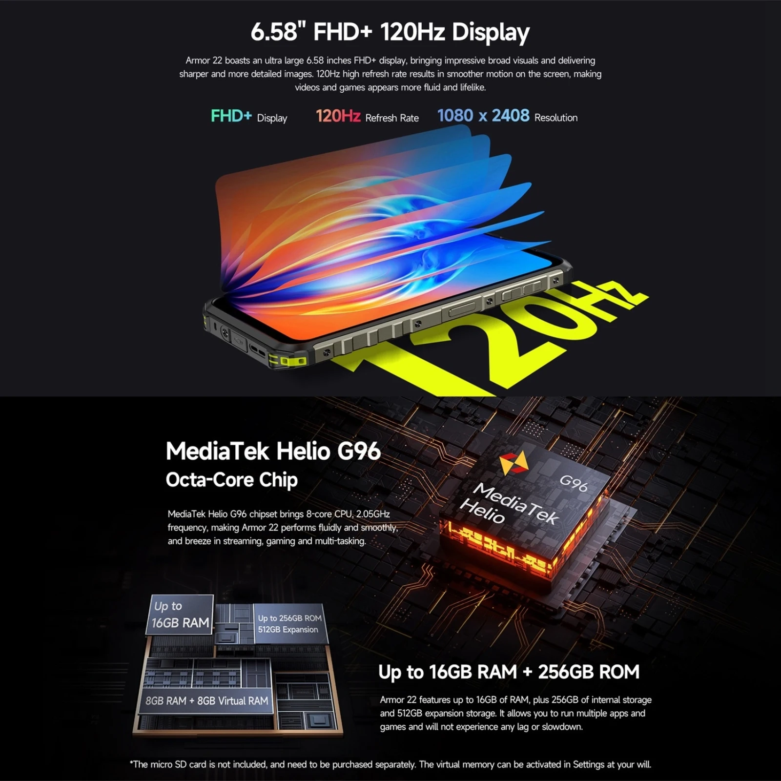 Ulefone Armor 22 8GB+256GB/128GB IP68/IP69K Rugged Phone 6.58 inch Android 13 MTK Helio G96 Octa Core 4G NFC Cellphon 4