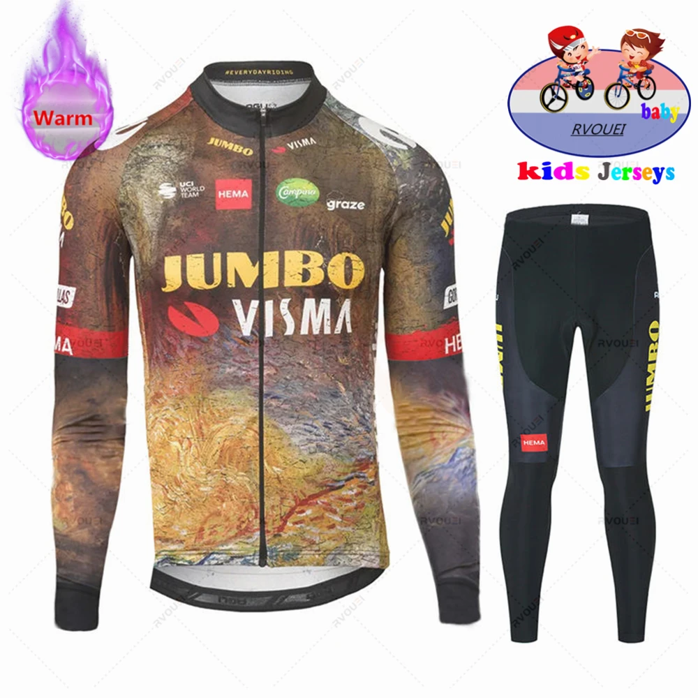 2022 Jumbo Visma Winter Cycling Clothing Kids Cycling Jersey Set Long