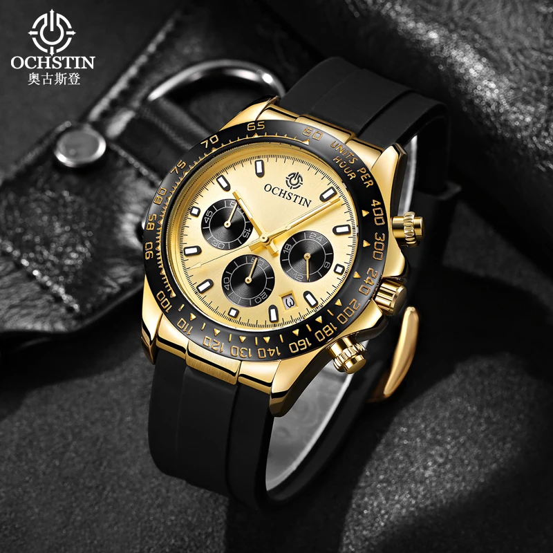 OCHSTIN New Men’s Watches Top Brand Big Sport Watch Luxury Men Silicone Quartz Wrist Watches Chronograph Gold Design Male Clock