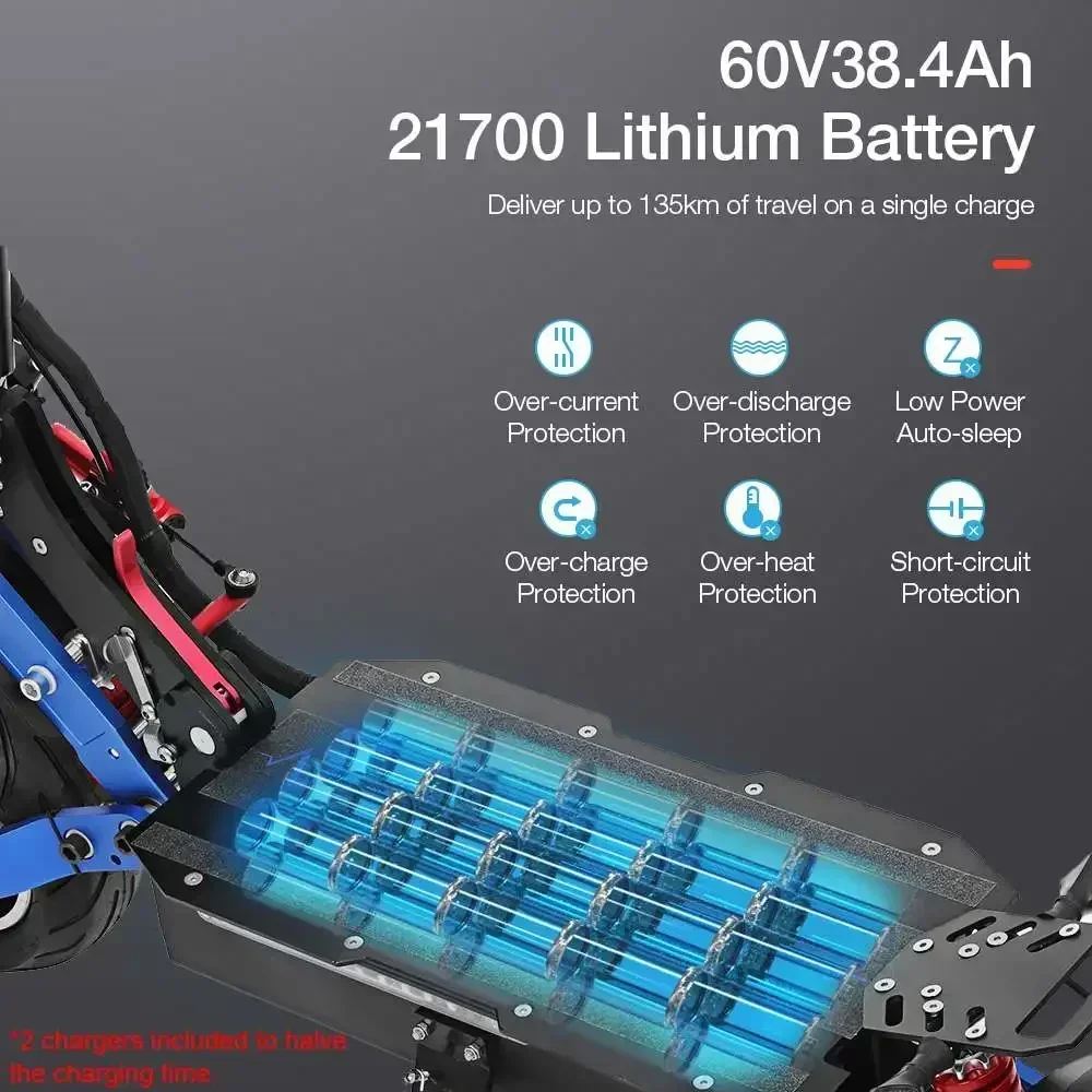 ES19 Stock Dual Motor Adult Electric Scooter 6000W 60V38.4Ah Max Range 135Km Max Speed 85km/h 10Inch Tyres Escooter
