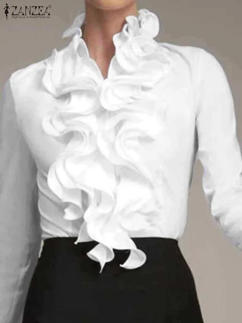 ZANZEA femmes élégantes Blouse volants hauts mode chemises à manches longues volants Blusas élégant OL chemise de travail femme Blouses blanches 1