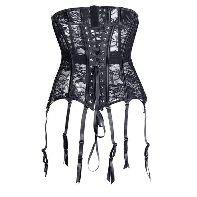 Black Sexy With Garter Belt Lace Mesh Breathable Underbust Corset Waist Trainer Slim Lingerie Plus Size Corselet S-6XL