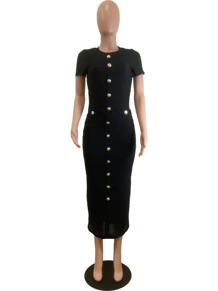 Wmstar 2025 New Women Fashionable Elegant Dress Slim Tight Knitted Short Sleeve Dress Solid Color Wrinkle O Neck One Size