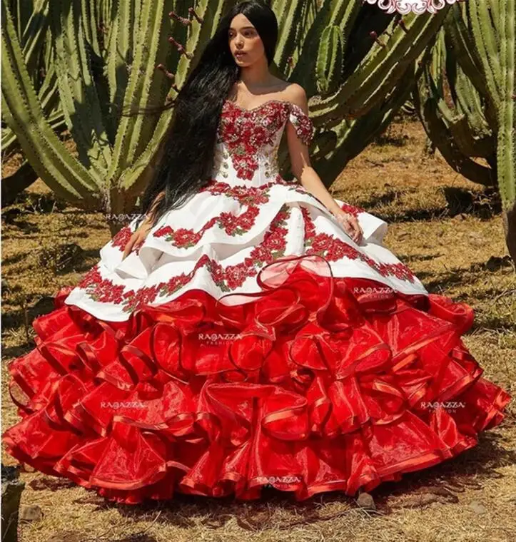 Red Charro Quinceanera Dresses Ball 