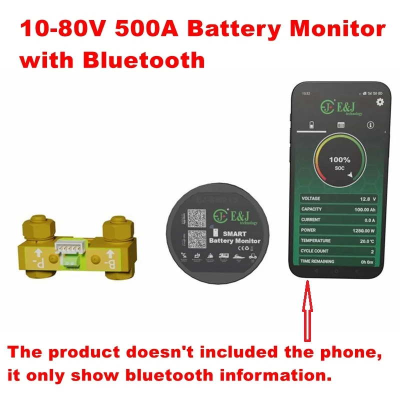 

10-80V 500A Battery Monitor Tester Coulometer Fuel Gauge With Bluetooth For RV Solar Marine LiFePO4 Lead-acid Lithium AGM Cell