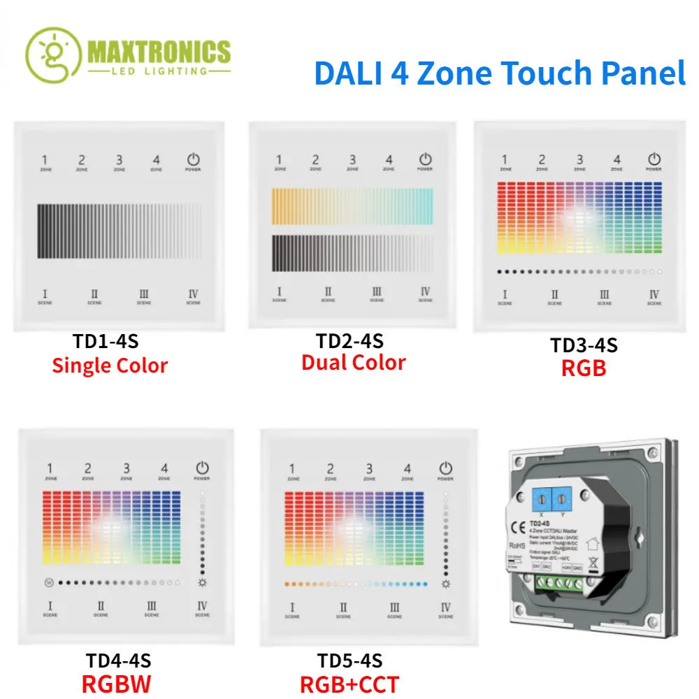 

4Zone Wall Mounted Touch Panel 1-5Color DALI Dimmer Switch Powered DALI Bus or 24VDC Single Color RGB RGBW RGB+CCT For LED Light