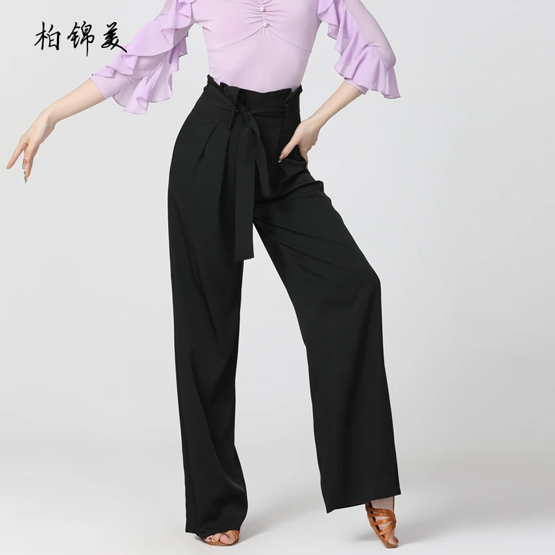 

Latin dance pants, women's high waist, modern dance wide leg dance pants, national standard dance pants, flower petals, straight