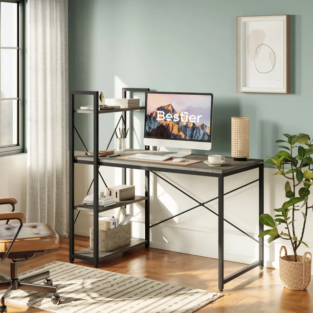 Bestier Computer Home Office Desk with Metal Frame, Hutch, Bookshelf, Under  Desk Storage, and Working Table for Small Bedroom Space, Rustic Brown