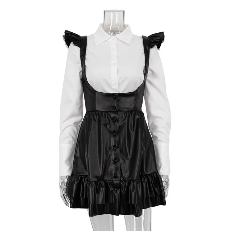 Women's Autumn New Black and White Contrast Color College Style Suit Long Sleeve Shirt Suspender Skirt Two-Piece SuitWlj