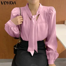 

VONDA Women Tops Spring Puff Sleeve Bow Blouses Ladies Solid Long Sleeve Blusas Femininas Chemise Shirts Office Formal Blouse