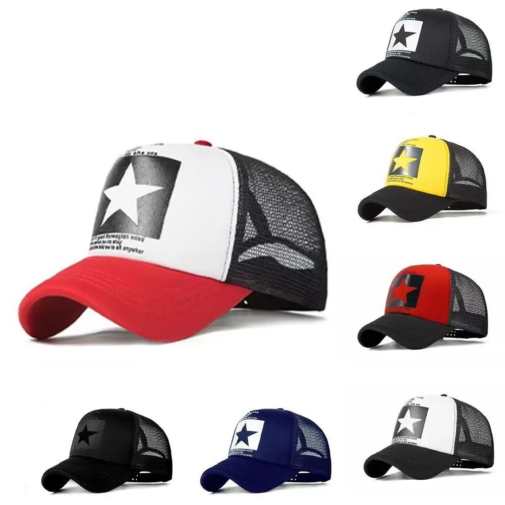 Unisex Sommer-Baseballkappe aus Mesh, modische, mit Sternen bedruckte, verstellbare Baseballmütze, Snap-Back-Trucker-Mütze, Pferdeschwanz-Kappe für Outdoor-Sportarten – Detail 6