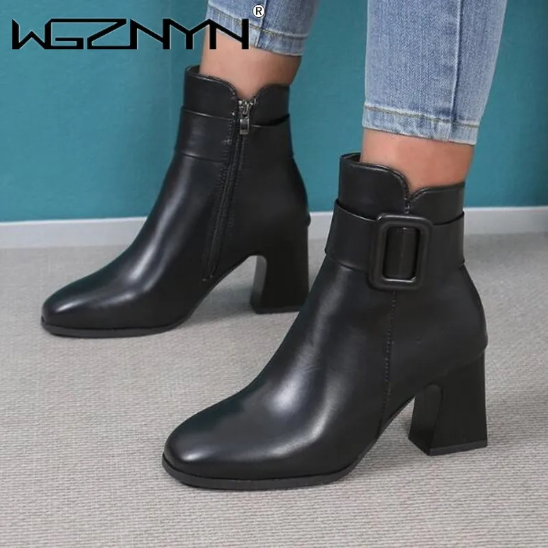 

Женские ботинки, новинка зимы 2024, белые ботильоны на толстом высоком каблуке, женские элегантные кожаные короткие ботинки на молнии с круглым носком для женщин