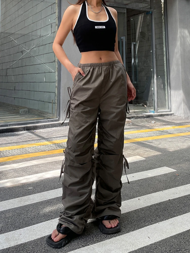 

WeiYao y2k Cargo Pants Women Drawstring Folds Low Rise Grey Sweatpants Streetwear Baggy Trousers Rave Festival Clothes Techwear