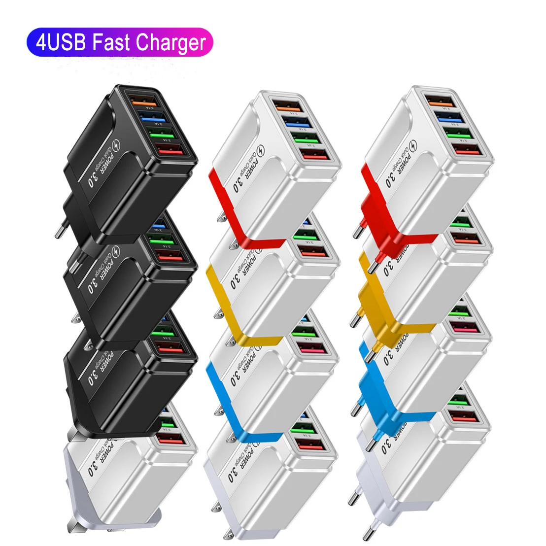 USB 발광 멀티 포트, 여행용 충전 헤드, 미국, EU, 영국 충전기, 나비 4 USB, 3.1A