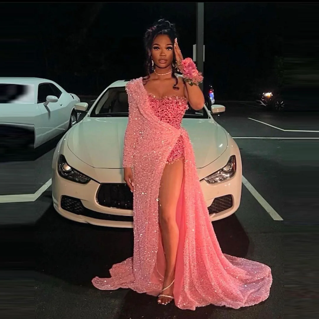

Glitter Pink Sequin Evening Dresses Aso Ebi Style One Shoulder Crystal Mermaid Prom Gowns African Nigerian Hi Slit Party Dresses
