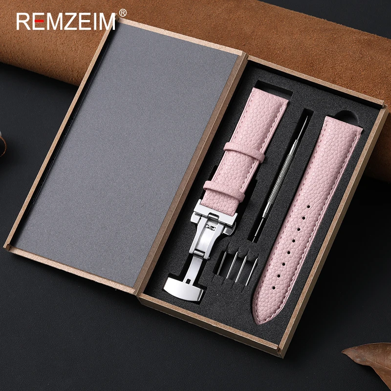 Lychee Pattern Leather Watch Band with Butterfly Buckle in Gift Box - Comfortable Unisex Wrist Strap