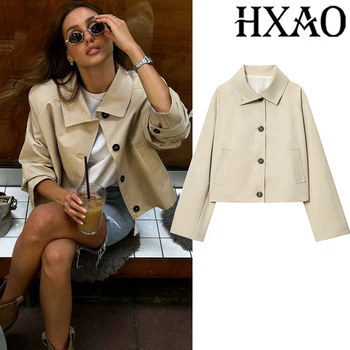 HXAO سترة نسائية معطف ديمي الموسم قصير خندق معطف امرأة طويلة الأكمام زر سترة واقية جديد في معاطف معاطف نسائية أنيقة