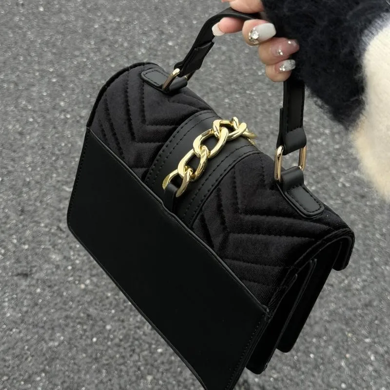 JIAERDI Retro Black Velvet Luxury Bags Women Square Chain Gold Lock Shoulder Bag Ladies Fashion High End Versatile Crossbody Bag
