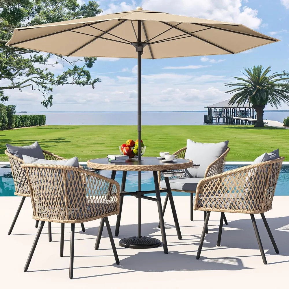 

5-Piece Outdoor Patio Furniture Dining Set, All-Weather Rattan Conversation Set with Soft Cushions and Glass Top Dining Table