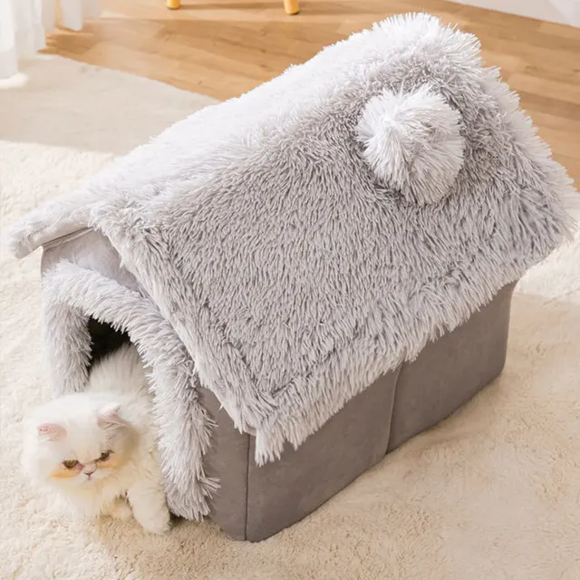 Foldable Indoor Pets House Winter Plush Washable Cat House Cats Bed Warm Washable Dogs House Dog Bed Tent Strap Detachable Mat 3