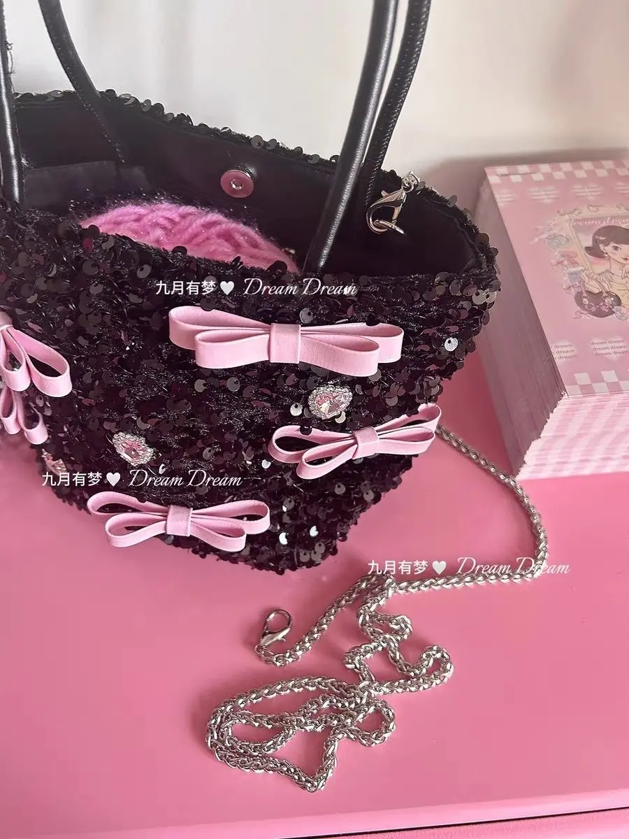 JIAERDI Beading Y2k Bucket Bag Purse Women Fairycore Aesthetic Shining Handle Bow Black Messenger Bag Female Sweet Cute Hand Bag